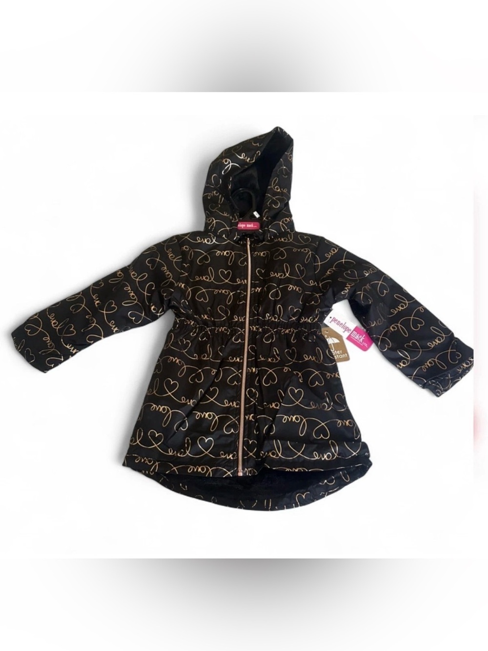 NWT Penelope Mack Girls Black Hooded Jacket with Gold Heart Script
